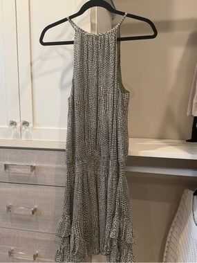 Ramy Brook Army Green/Cream Dot Halter Tiered Midi Dress